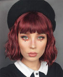 Bob Wigs for Women Short Curly Wavy Wigs with Bangs Natural Heat Resistant Synthetic Hair Red Daily Party Full Wig (Wine Red)