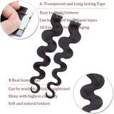 20 PCS Rooted Tape In Hair Extensions Human Hair Invisible Seamless Skin Weft Body Wave Highlight Double Side Tape Remy Human Hair Extensions Balayage Wavy For Women (24'',50g/20pcs,#1 Jet Black)