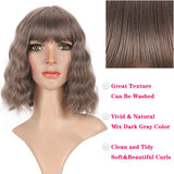 Fashion Gray color Bob Wigs with Bangs 12 13 14 Inch Natural Body Wave Hair Style Shawl Hair Wig Short Curly Wave Hair Wigs for Fashion Women and Girls Good for Daily Use Cosplay Party