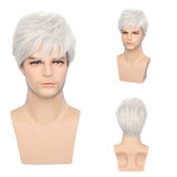 Men‘s White Wigs Short Layered Natural Cosplay Costume Synthetic Heat Resistant Replacement Wig with Wig Cap