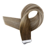 Full Shine Tape in Hair Extensions Remy Human Hair 12 Inch Glue in Hair Extensions 3 Dark Brown Fading to Ash Brown and Blonde Seamless Tape in Hair Double Sided