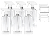 16 oz / 500 ml Clear PET (BPA Free) Plastic Oblong Flask Style Refillable Bottle with White Trigger Sprayer (6 Pack) + Labels