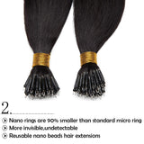 SEGO Nano Bead Ring Human Hair Extension Pre Bonded Nano Tip Remy Hair Extensions Micro Beads Rings Loop Hand Tied Hairpiece 20 Inch #1B Natural Black 1g/strand 50g/pack
