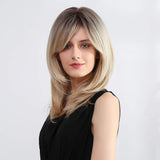 Ombre Blonde Wig with Bangs Synthetic Long Wavy Wigs for Women Brown Roots Blonde Hair