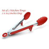 Kitchen Tongs with Built-in Stand, Set of 2, Red, 10.5 Inch, Stainless Steel and Silicone, Cooking Utensils, Free Recipe Ebook