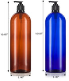 Amber and Cobalt Blue 32 oz Large Boston Round PET Plastic Bottles (BPA Free) with Black Lotion Pump Set -2 PACK