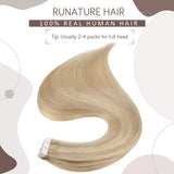 Runature Tape in Hair Extensions Human Hair Golden Blonde Highlighted With Light Blonde 14 Inch Tape on Hair 50g 20 Pieces Real Human Hair Extensions