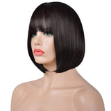 Sofeiyan Short Straight Dark Brown Bob Wigs with Bangs 11 inch Synthetic Daily Party Cosplay Hair Wig for Black Women, Darkest Brown and Dark Auburn Mixed