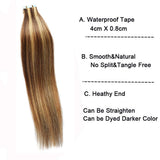 20 Inch Tape in Hair Extensions Remy Human Hair Extensions Se mi-Permanent Pre-taped Invisible Weft Color #4/27 Straight 20 pcs/50g (20", P4/27)