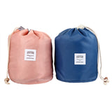 Vtrem 2 Pieces Drawstring Cosmetic Bag Lazy Travel Makeup Bag Waterproof Foldable Bucket Toiletry Bags Set Multifunctional Portable Barrel Shaped Bathroom Storage Carry Case for Women (Pink + Blue)