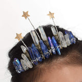 Raw Crystal Quartz Crown Crossed Clear Crystal Headband Tiara Handmade (Blue Raw Crystal with Star)