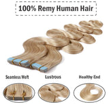 14 Inch Tape in Hair Extensions Body Wavy Human Hair 100g Thin Long Hair 40pcs/pack Seamless Skin Weft Glue in Wavy Hairpieces with Invisible Double Sided Tapes #613 Bleach Blonde