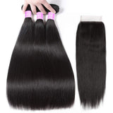 Flady Straight Human Hair 3 Bundles with Closure Grade 8A Virgin Unprocessed Malaysian Straight Hair Bundles with Lace Closure (14 16 18+12inch)