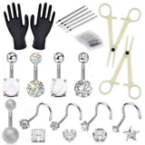 Piercing Kit - Combofix 31Pcs Professional Belly Nose Piercing Kit Stainless Steel 14G 20G Piercing Needles Piercing Clamps Gloves for Belly Navel Nose Rings Studs Body Piercing Jewelry Set