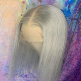 Lace Front Human Hair Bob Wigs T Part Short Straight With Baby Hair 180% Density 13x4x1 Lace Frontal Glueless Grey Straight Wig for Black Women Pre Plucked(8 inches)