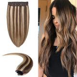 16 Inch Human Hair Wire Extensions Highlight Thicker Secret Fish Line Hidden Crown Hair Long Straight No Clips No Glue Hairpieces Invisible Fish Line in 90g Balayage #4/27 Medium Brown Mix Dark Blonde