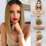 Karissa Hair Short Bob Lace Front Wigs for Women Ombre Blonde Side Part Heat Resistant Synthetic Lace Front Wig Dark Root Blonde Short Haircut Hand Tied Replacement Full Wig