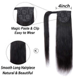 Seelaak 24inch Long Straight Remy Human Hair Ponytail Extension Wrap Around Ponytail Hair Piece with Clips Magic Paste Binding Pony Tail Hairpiece 1B# 100g/set (24inch)