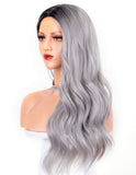 Persephone 2019 Long Grey Synthetic Wig Wavy Glueless Gray Ombre Wigs for Women 2 Tones Heat Resistant Hair with Middle Parting 22 Inches