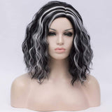 BUFASHION 14" Women Short Wavy Curly Wig For Cosplay Halloween Synthetic Wigs Ombre Green Bob Wigs For Women (Black with White)