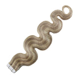 Moresoo 24 Inch Double Sided Wave Tape in Remy Human Hair Extensions Ash Blonde Mixed Bleach Blonde Human Hair Wave Hair Extensions PU Tape ins #P18/613 BW 50G/20pcs