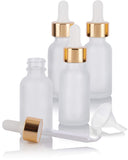 1 oz / 30 ml Frosted Clear Glass Boston Round Bottle with Gold Metal and Glass Dropper (4 pack) + Funnel