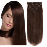 Friskylov 18Inch Straight Human Hair Extensions Clip in Hair Double Weft Brazilian Clip in Human Thick Hair Extensions Drak Brown 120G Long Wave Real Hair for Women 8Pcs/Lot with 20Clips