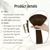 Tape in Natural Hair Extensions Brown Tape in Remy Human Hair Seamless Glue in Extensions for Women 50g