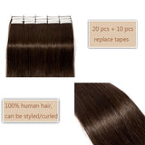 20 PCS Tape In Human Hair Extensions Seamless Skin Weft Invisible Hair Extensions Double Side Tape Hightlight Balayage Long Silk Straight For Women (20'',50g/20pcs,#2 Dark Brown)