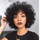 Short Curly Wig with Bangs for Black Women Afro Short Wig Big Bouncy Fluffy Kinky Curly Wig Heat Resist Soft Synthetic Short Curly Afro Wig Black Color