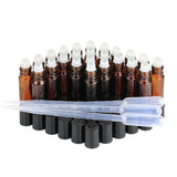 10ml Amber Glass Roll-on Empty Refillable Bottles with Black Cap Perfect for Aromatherapy Perfumes Essential Oils Lip Gloss and More, Comes with Three 3ml Plastic Droppers, Pack of 24