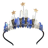 Raw Crystal Quartz Crown Crossed Clear Crystal Headband Tiara Handmade (Blue Raw Crystal with Star)