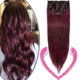 16 Inch Clip in Human Hair Extensions 65g Thin 8 Pcs Clip on Human Hairpieces Standard Weft Soft Long Straight Hair for Women Gift #99J Wine Red