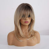 Ombre Blonde Wig with Bangs Synthetic Long Wavy Wigs for Women Brown Roots Blonde Hair