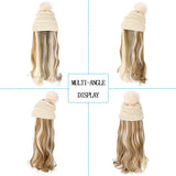 Qlenkay Beanie Hat Knit with Long Wavy Curly Hair Extensions Wig Dismountable Warm Knitted Pom Cap Attached 20inch Synthetic Hairpiece for Women Winter Ginger Blonde Mix Bleach Blonde