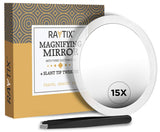 15X Magnifying Mirror & Slant Tweezers Set Makeup Application & Eyebrow Removal Essentials | Round Mirror With 3 Suction Cups & Stainless Steel Slant Tip Tweezer Use for Makeup Application 6 Inch