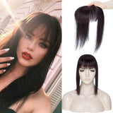 100% Real Human Hair Topper with Bangs Mono Base Crown Topper Hair Piece Clip in on Hair Toppers Straight Middle Part Top Hairpiece for Women with Hair Loss Thinning Hair 14 Inch 1B# Natural Black