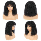 Kinky Curly Wigs with Bangs Grade 10A Virgin Human Hair Wigs for Black Women Kinky Human Hair Wigs with Bangs 150% Density Glueless None Lace Front Wigs Natural Black Color(18 inch)