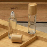 6 Pieces Roll On Bottles 10ml Clear Glass Roller Bottles with Bamboo Lid Empty Refillable Essential Oil Roller Bottles with Stainless Steel Roller Ball and 2 Pieces 3ml Dropper