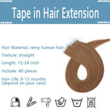 SEGO Tape In Hair Extensions Human Hair Glue In Real Extensions Skin Weft Remy Human Hair Extensions Straight Invisible Seamless Double Side Tape 40 Pieces Light Brown 16inch (100gram)