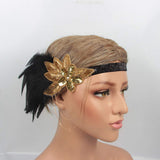 1920s Vintage Flapper Headband Great Gatsby 20s Showgirl Roaring Peacock Headpiece Sequins Black and Gold