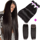 Flady Straight Human Hair 3 Bundles with Closure Grade 8A Virgin Unprocessed Malaysian Straight Hair Bundles with Lace Closure (14 16 18+12inch)