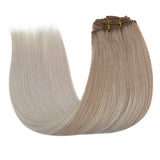 LaaVoo Human Hair Extensions Clip in Platinum Blonde Clip Hair Extensions 14" 7pcs 120g Balayage Color Ash Blonde Fading to Platinum Blonde Double Weft Full Head Clip in Blonde Extensions