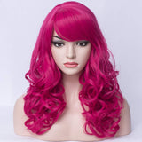 BERON Long Curly Wavy Hot Pink Wig with Bangs Rose Net Women's Halloween Cosplay Party Costume Wig (Hot pink)