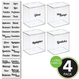 mDesign Plastic Stackable Plastic Bathroom Vanity Countertop Storage Cosmetic Organizer Box with Hinged Lid for Makeup, Beauty, Hair, Nail Supplies - Pack of 4, Includes 32 Labels - Clear