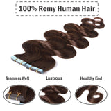 14 Inch Remy Tape in Hair Extensions Wavy Human Hair #4 Body Wave 20pcs 40g Hair Seamless Skin Weft Glue in Human Hairpieces with Invisible Double Sided Tape Medium Brown
