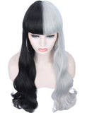 Sotica 26” Long Wavy Curly Wigs 2 Tones Half Black and Half Silver White Wigs with Flat Hair Bangs Natural Looking Heat Resistant Synthetic Full Hair Wigs for Women