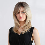 Ombre Blonde Wig with Bangs Synthetic Long Wavy Wigs for Women Brown Roots Blonde Hair