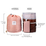 Vtrem 2 Pieces Drawstring Cosmetic Bag Lazy Travel Makeup Bag Waterproof Foldable Bucket Toiletry Bags Set Multifunctional Portable Barrel Shaped Bathroom Storage Carry Case for Women (Pink + Blue)