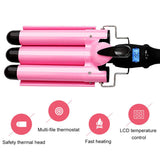 3 Barrel Curling Iron Hair Wand Temperature Adjustable with LCD Temp Display- 1 Inch Ceramic Tourmaline Hair Cr-imper Portable Hair Waver Fast Heating (Pink) (LCD Display)